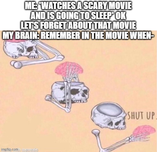 skeleton shut up meme | ME: *WATCHES A SCARY MOVIE AND IS GOING TO SLEEP* OK LET'S FORGET ABOUT THAT MOVIE
MY BRAIN: REMEMBER IN THE MOVIE WHEN- | image tagged in skeleton shut up meme | made w/ Imgflip meme maker