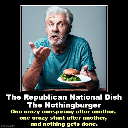 Culture wars, personal revenge, so frickin' what? The whole party is a waste of time, and they've got the losses to prove it. | The Republican National Dish
The Nothingburger | One crazy conspiracy after another, 
one crazy stunt after another, 
and nothing gets done. | image tagged in funny,demotivationals,republican,conspiracy theories,revenge,waste of time | made w/ Imgflip demotivational maker