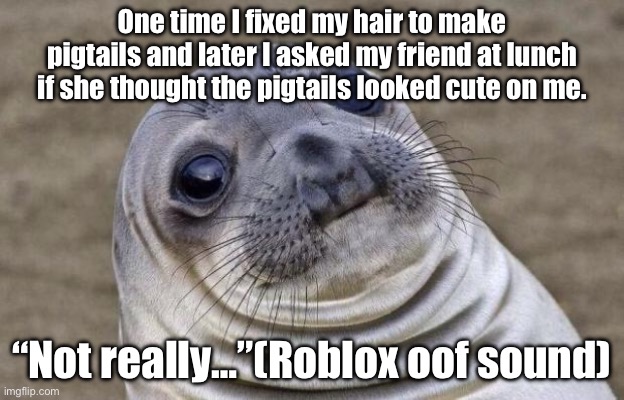 I was very offended | One time I fixed my hair to make pigtails and later I asked my friend at lunch if she thought the pigtails looked cute on me. “Not really…”(Roblox oof sound) | image tagged in memes,awkward moment sealion | made w/ Imgflip meme maker