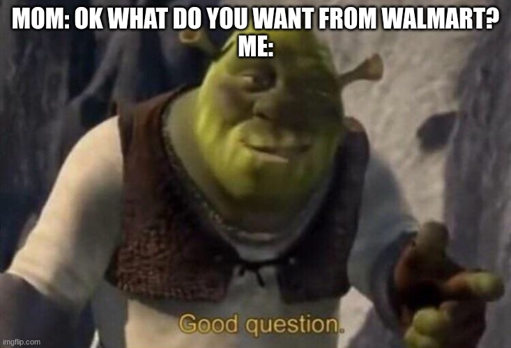when I want to bring my money to walmart and browse | MOM: OK WHAT DO YOU WANT FROM WALMART?
ME: | image tagged in shrek good question | made w/ Imgflip meme maker