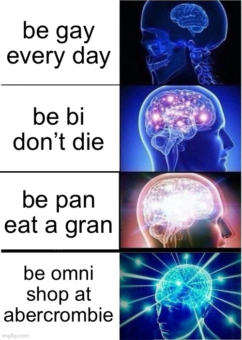 i ran out of rhymes | be gay every day; be bi don’t die; be pan eat a gran; be omni shop at abercrombie | image tagged in memes,expanding brain,e | made w/ Imgflip meme maker