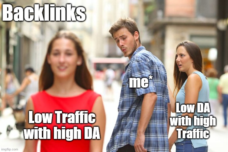 Off Page SEO, Backlinks | Backlinks; me*; Low DA with high Traffic; Low Traffic with high DA | image tagged in memes,distracted boyfriend | made w/ Imgflip meme maker