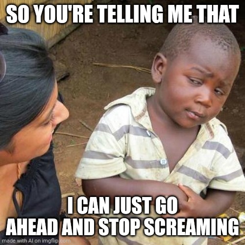 Third World Skeptical Kid Meme | SO YOU'RE TELLING ME THAT; I CAN JUST GO AHEAD AND STOP SCREAMING | image tagged in memes,third world skeptical kid | made w/ Imgflip meme maker