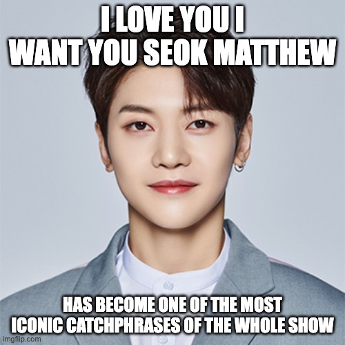 I Love You I Want You Seok Matthew | I LOVE YOU I WANT YOU SEOK MATTHEW; HAS BECOME ONE OF THE MOST ICONIC CATCHPHRASES OF THE WHOLE SHOW | image tagged in i love you i want you seok matthew | made w/ Imgflip meme maker