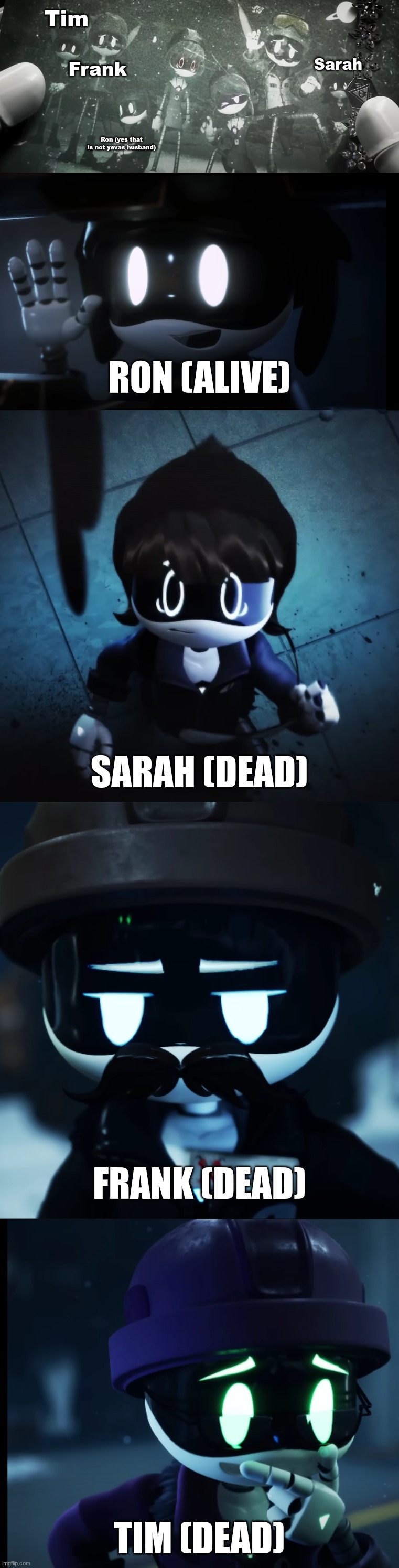 Whoa | Tim; Sarah; Frank; Ron (yes that is not yevas husband); RON (ALIVE); SARAH (DEAD); FRANK (DEAD); TIM (DEAD) | image tagged in murder drones,lore | made w/ Imgflip meme maker