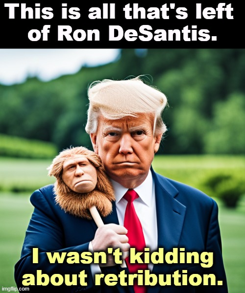 This is all that's left 
of Ron DeSantis. I wasn't kidding about retribution. | image tagged in donald trump,revenge,ron desantis,brutal,hatred | made w/ Imgflip meme maker