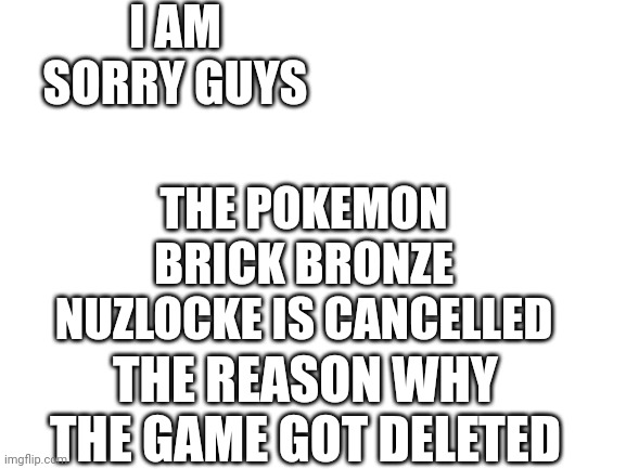 Blank White Template | I AM SORRY GUYS; THE POKEMON BRICK BRONZE NUZLOCKE IS CANCELLED; THE REASON WHY THE GAME GOT DELETED | image tagged in blank white template | made w/ Imgflip meme maker