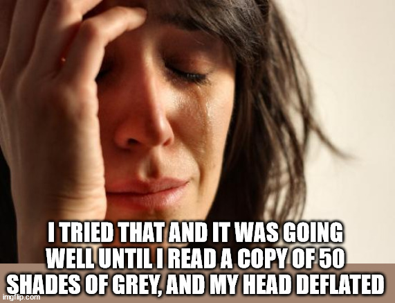 First World Problems Meme | I TRIED THAT AND IT WAS GOING WELL UNTIL I READ A COPY OF 50 SHADES OF GREY, AND MY HEAD DEFLATED | image tagged in memes,first world problems | made w/ Imgflip meme maker