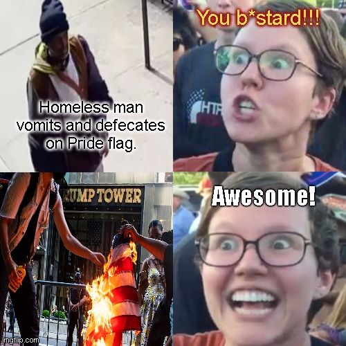 Living Leftist the Right Way, Lesson # 44: Reacting to Flag Desecrations | You b*stard!!! Homeless man vomits and defecates on Pride flag. Awesome! | image tagged in leftists,snowflakes,liberal hypocrisy,flag burning,lgbtq,satire | made w/ Imgflip meme maker