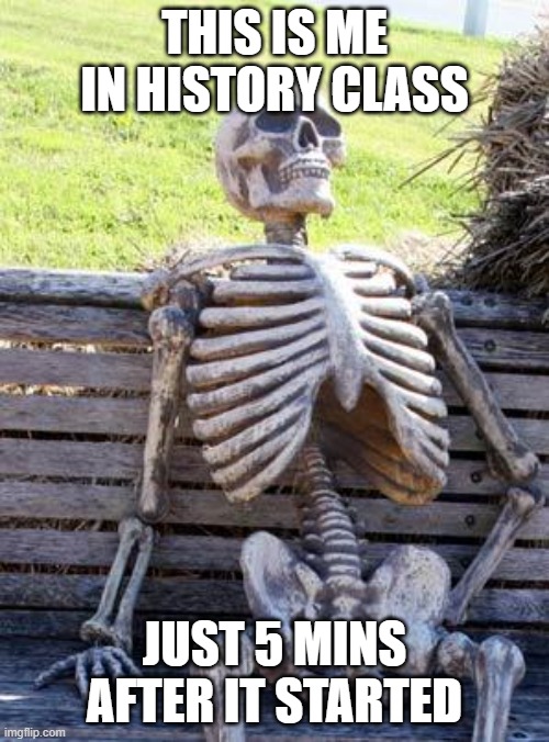 Waiting Skeleton | THIS IS ME IN HISTORY CLASS; JUST 5 MINS AFTER IT STARTED | image tagged in memes,waiting skeleton | made w/ Imgflip meme maker