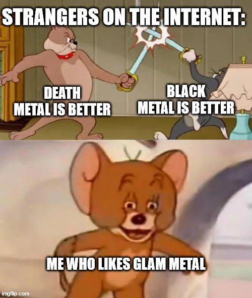 . | STRANGERS ON THE INTERNET:; DEATH METAL IS BETTER; BLACK METAL IS BETTER; ME WHO LIKES GLAM METAL | image tagged in tom and spike fighting | made w/ Imgflip meme maker