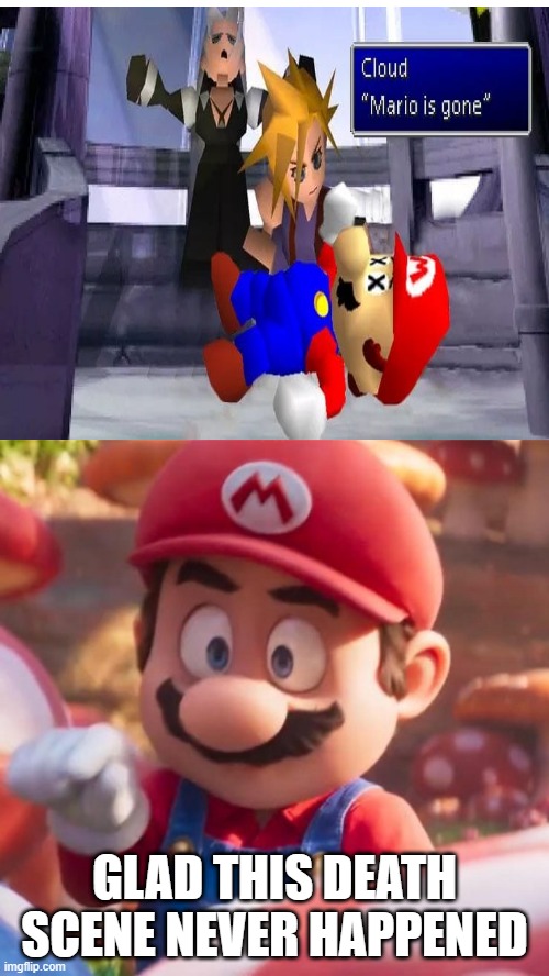 mario shocked at mario's death | GLAD THIS DEATH SCENE NEVER HAPPENED | image tagged in mario shocked at,rest in peace,death,mario,march madness | made w/ Imgflip meme maker