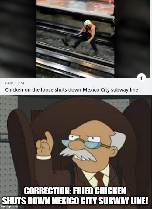 Chicken on the Loose | CORRECTION: FRIED CHICKEN SHUTS DOWN MEXICO CITY SUBWAY LINE! | image tagged in technically correct,funny,memes | made w/ Imgflip meme maker