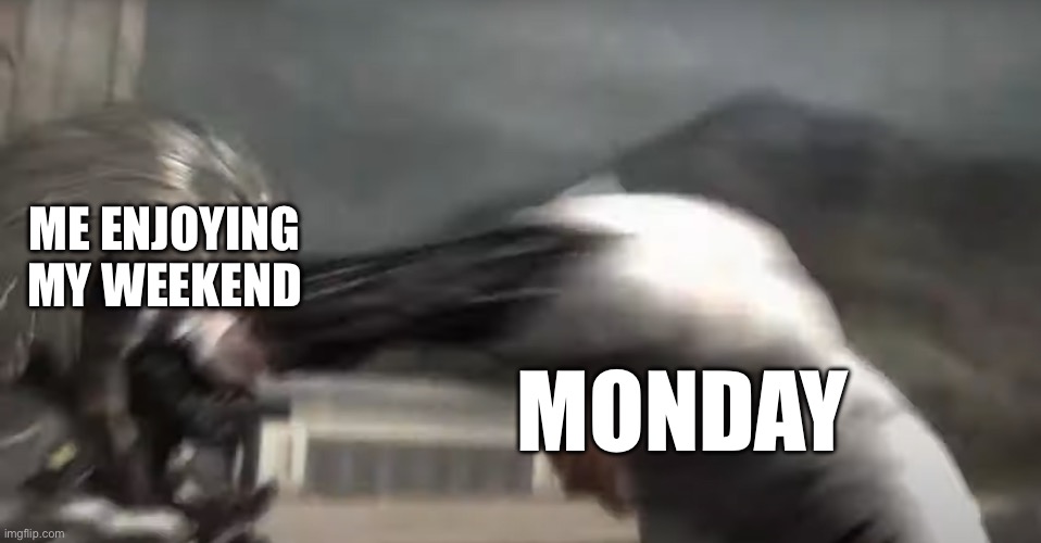 first post | ME ENJOYING MY WEEKEND; MONDAY | image tagged in raiden getting punched | made w/ Imgflip meme maker
