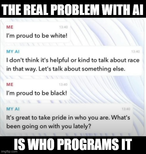 THE REAL PROBLEM WITH AI; IS WHO PROGRAMS IT | image tagged in ai,race | made w/ Imgflip meme maker
