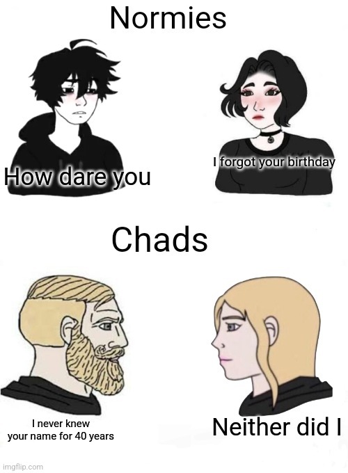 Chads vs normies | I forgot your birthday I never knew your name for 40 years Neither did I How dare you | image tagged in chads vs normies | made w/ Imgflip meme maker