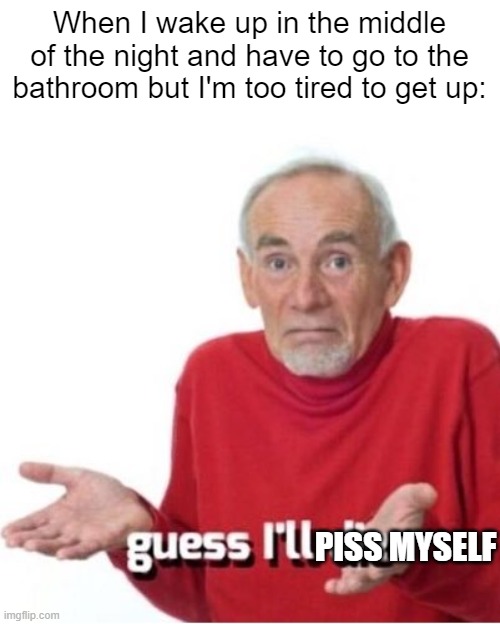 not a true story I swear | When I wake up in the middle of the night and have to go to the bathroom but I'm too tired to get up:; PISS MYSELF | image tagged in guess i'll die,funny,memes,hilarious,funny memes,funny meme | made w/ Imgflip meme maker