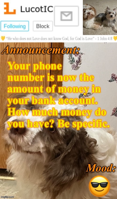 . | Your phone number is now the amount of money in your bank account. How much money do you have? Be specific. 😎 | image tagged in lucotic s fangz announcement temp thanks strike | made w/ Imgflip meme maker