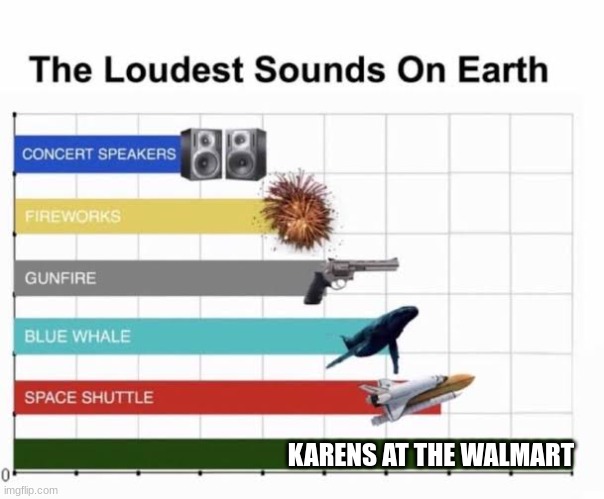 The Loudest Sounds on Earth | KARENS AT THE WALMART | image tagged in the loudest sounds on earth | made w/ Imgflip meme maker