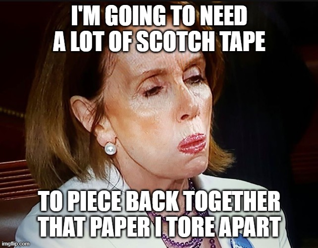 Nancy Pelosi PB Sandwich | I'M GOING TO NEED A LOT OF SCOTCH TAPE TO PIECE BACK TOGETHER THAT PAPER I TORE APART | image tagged in nancy pelosi pb sandwich | made w/ Imgflip meme maker