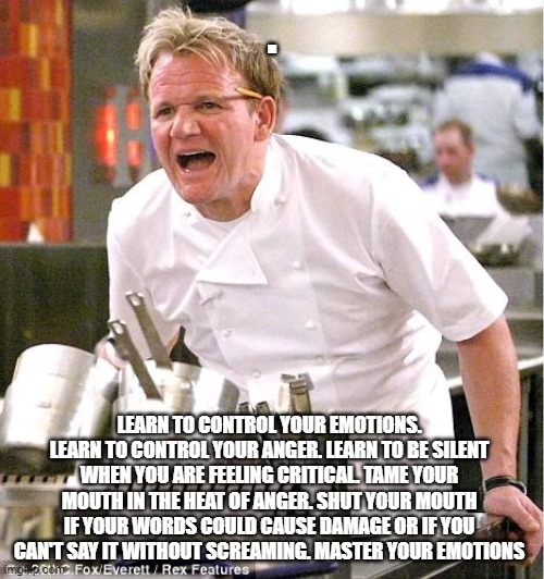 Chef Gordon Ramsay | . LEARN TO CONTROL YOUR EMOTIONS. LEARN TO CONTROL YOUR ANGER. LEARN TO BE SILENT WHEN YOU ARE FEELING CRITICAL. TAME YOUR MOUTH IN THE HEAT OF ANGER. SHUT YOUR MOUTH IF YOUR WORDS COULD CAUSE DAMAGE OR IF YOU CAN'T SAY IT WITHOUT SCREAMING. MASTER YOUR EMOTIONS | image tagged in memes,chef gordon ramsay | made w/ Imgflip meme maker