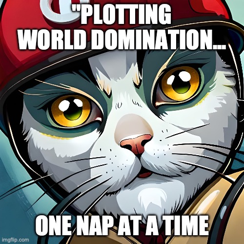 cat | "PLOTTING WORLD DOMINATION... ONE NAP AT A TIME | image tagged in cat,funny cats,warrior cats | made w/ Imgflip meme maker