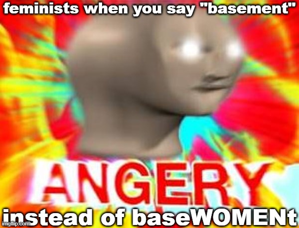 lol | feminists when you say "basement"; instead of baseWOMENt | image tagged in surreal angery,fun,memes | made w/ Imgflip meme maker