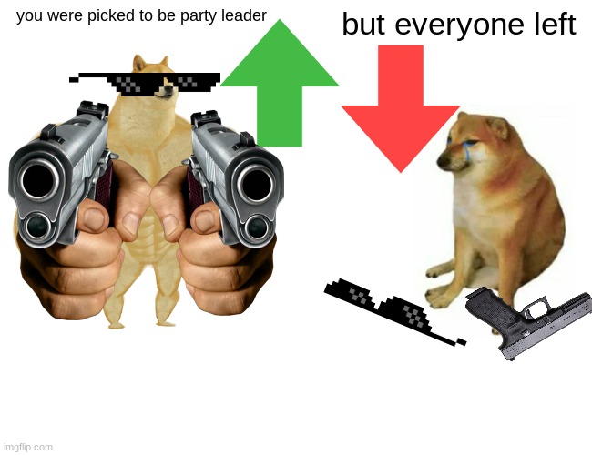 Buff Doge vs. Cheems Meme | you were picked to be party leader; but everyone left | image tagged in memes,buff doge vs cheems | made w/ Imgflip meme maker