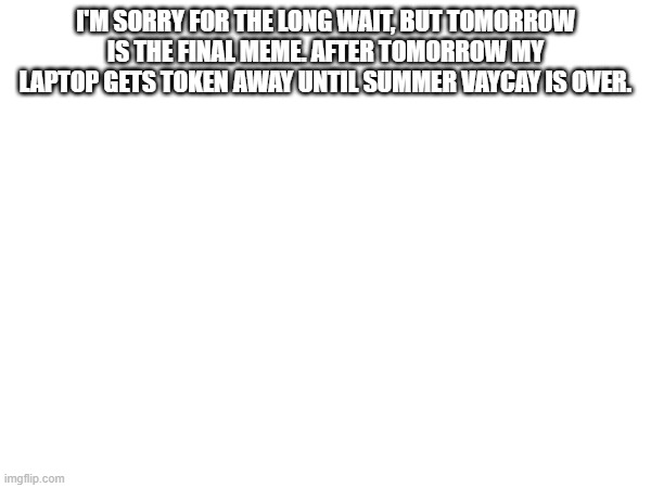 I'M SORRY FOR THE LONG WAIT, BUT TOMORROW IS THE FINAL MEME. AFTER TOMORROW MY LAPTOP GETS TOKEN AWAY UNTIL SUMMER VAYCAY IS OVER. | image tagged in funny | made w/ Imgflip meme maker