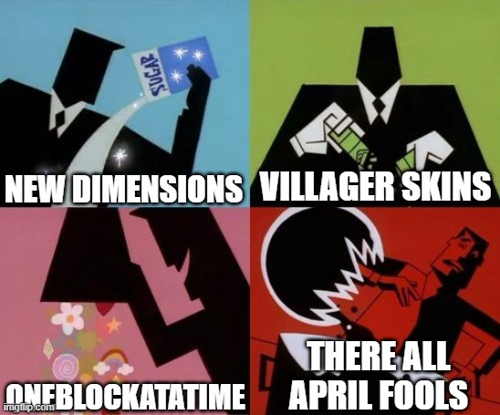 Powerpuff Girls Creation | NEW DIMENSIONS VILLAGER SKINS ONEBLOCKATATIME THERE ALL APRIL FOOLS | image tagged in powerpuff girls creation | made w/ Imgflip meme maker
