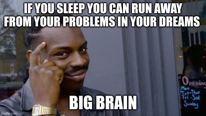 big brain | IF YOU SLEEP YOU CAN RUN AWAY FROM YOUR PROBLEMS IN YOUR DREAMS; BIG BRAIN | image tagged in memes,roll safe think about it | made w/ Imgflip meme maker