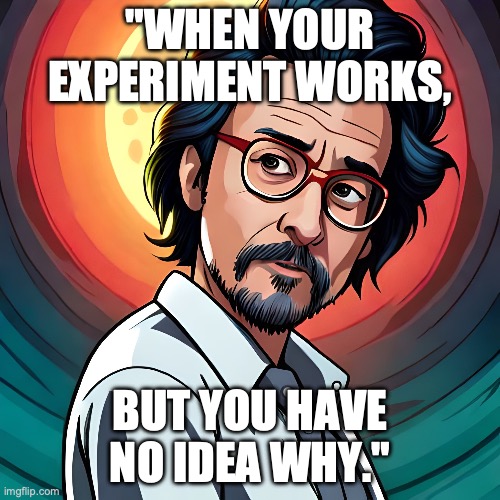 Scientist | "WHEN YOUR EXPERIMENT WORKS, BUT YOU HAVE NO IDEA WHY." | image tagged in science,science fiction | made w/ Imgflip meme maker