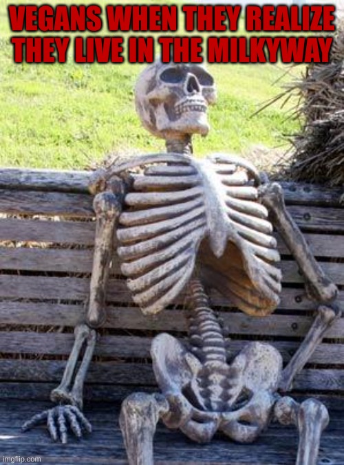 Waiting Skeleton | VEGANS WHEN THEY REALIZE THEY LIVE IN THE MILKYWAY | image tagged in memes,waiting skeleton | made w/ Imgflip meme maker