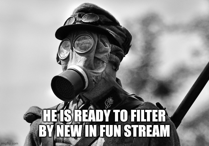 Toxic waste | HE IS READY TO FILTER BY NEW IN FUN STREAM | image tagged in ww1 gas mask,toxic,fun stream | made w/ Imgflip meme maker
