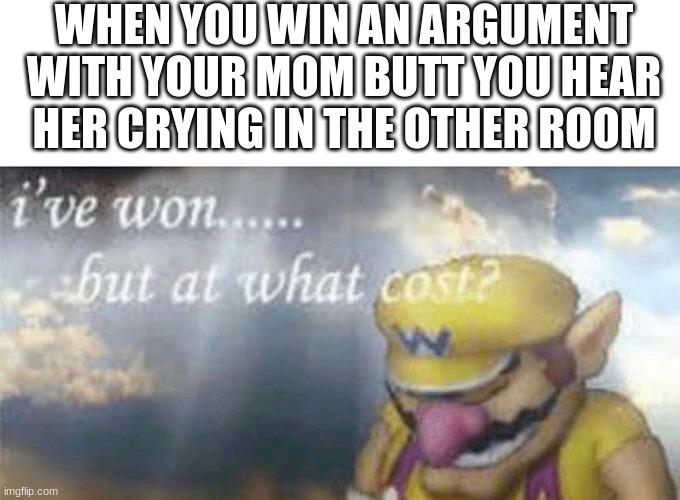 IDK a good title | WHEN YOU WIN AN ARGUMENT WITH YOUR MOM BUTT YOU HEAR HER CRYING IN THE OTHER ROOM | image tagged in ive won but at what cost | made w/ Imgflip meme maker