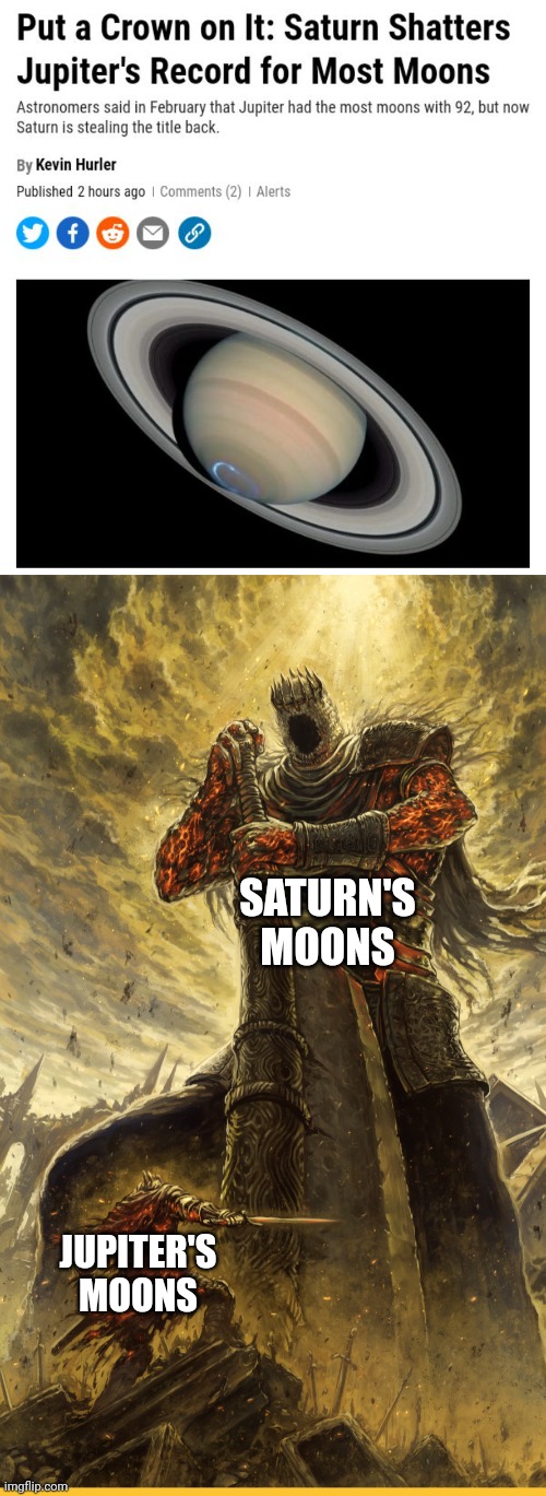 Congratulations to Saturn. | SATURN'S MOONS; JUPITER'S MOONS | image tagged in fantasy painting,saturn,jupiter,moons,science,memes | made w/ Imgflip meme maker