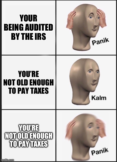 Tax moment | YOUR BEING AUDITED BY THE IRS; YOU’RE NOT OLD ENOUGH TO PAY TAXES; YOU’RE NOT OLD ENOUGH TO PAY TAXES | image tagged in memes,panik kalm panik | made w/ Imgflip meme maker
