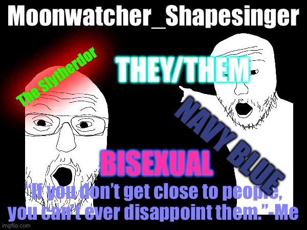 Me | Moonwatcher_Shapesinger; THEY/THEM; The Slytherdor; NAVY BLUE; BISEXUAL; “If you don’t get close to people, you can’t ever disappoint them.”-Me | image tagged in lgbtq,proud | made w/ Imgflip meme maker