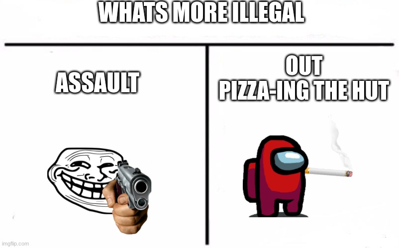 The second one | WHATS MORE ILLEGAL; ASSAULT; OUT PIZZA-ING THE HUT | image tagged in who would win blank | made w/ Imgflip meme maker