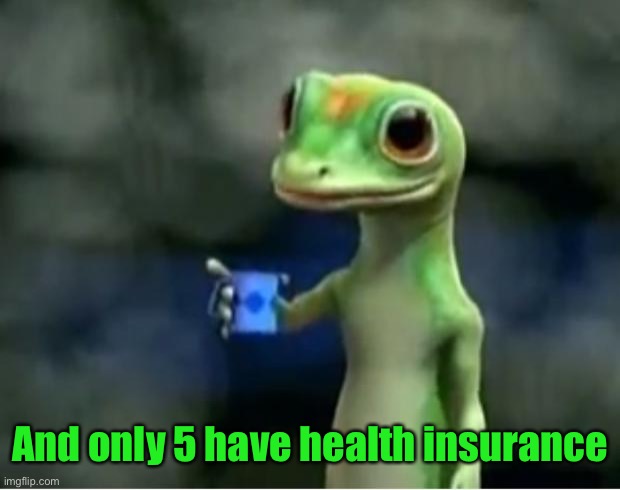 Geico Gecko | And only 5 have health insurance | image tagged in geico gecko | made w/ Imgflip meme maker