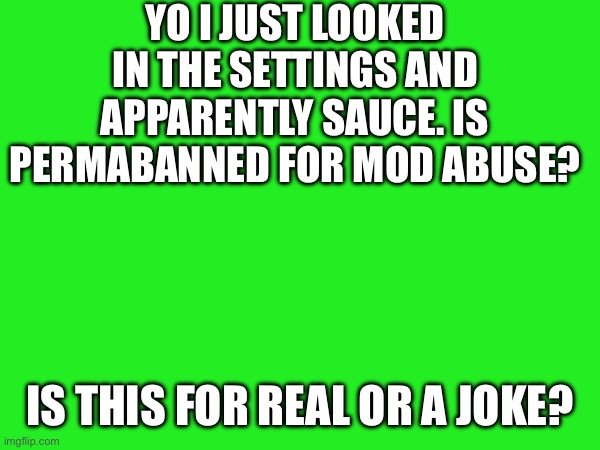 YO I JUST LOOKED IN THE SETTINGS AND APPARENTLY SAUCE. IS PERMABANNED FOR MOD ABUSE? IS THIS FOR REAL OR A JOKE? | made w/ Imgflip meme maker