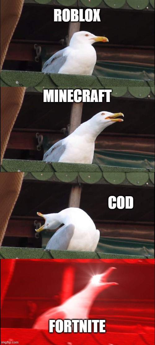 Gamers be like | ROBLOX; MINECRAFT; COD; FORTNITE | image tagged in memes,inhaling seagull,roblox,cod,minecraft,fortnite | made w/ Imgflip meme maker