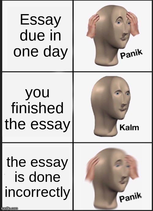 Panik Kalm Panik | Essay due in one day; you finished the essay; the essay is done incorrectly | image tagged in memes,panik kalm panik | made w/ Imgflip meme maker