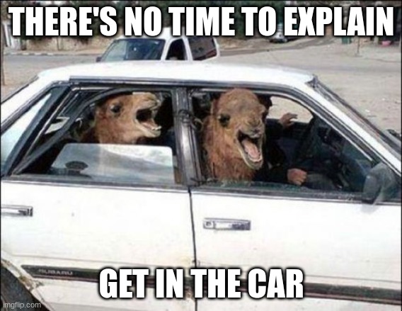 things | THERE'S NO TIME TO EXPLAIN; GET IN THE CAR | image tagged in memes,quit hatin,funny | made w/ Imgflip meme maker