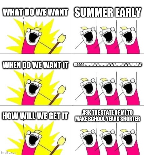 who else agrees | WHAT DO WE WANT; SUMMER EARLY; WHEN DO WE WANT IT; NOOOOOWWWWWWWWWWWWWWWWWWWW; HOW WILL WE GET IT; ASK THE STATE OF MI TO MAKE SCHOOL YEARS SHORTER | image tagged in memes,what do we want 3 | made w/ Imgflip meme maker