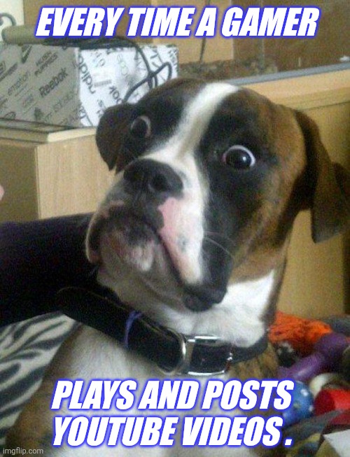 What The In The World? | EVERY TIME A GAMER; PLAYS AND POSTS YOUTUBE VIDEOS . | image tagged in blankie the shocked dog | made w/ Imgflip meme maker