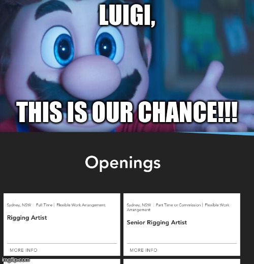 Glitch hiring | LUIGI, THIS IS OUR CHANCE!!! | image tagged in luigi this is our chance | made w/ Imgflip meme maker