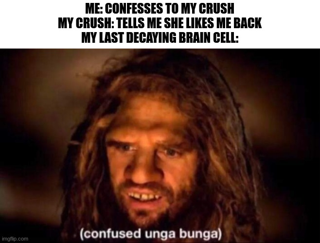 Confused Unga Bunga | ME: CONFESSES TO MY CRUSH
MY CRUSH: TELLS ME SHE LIKES ME BACK
MY LAST DECAYING BRAIN CELL: | image tagged in confused unga bunga,single life | made w/ Imgflip meme maker