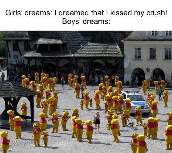 Meme #1,284 | Girls’ dreams: I dreamed that I kissed my crush!
Boys’ dreams: | image tagged in whinnie the pooh,cursed image,funny,memes,dreams,boys vs girls | made w/ Imgflip meme maker