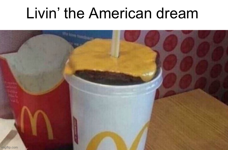 Meme #1,285 | Livin’ the American dream | image tagged in memes,funny,burger,drink,america,food | made w/ Imgflip meme maker